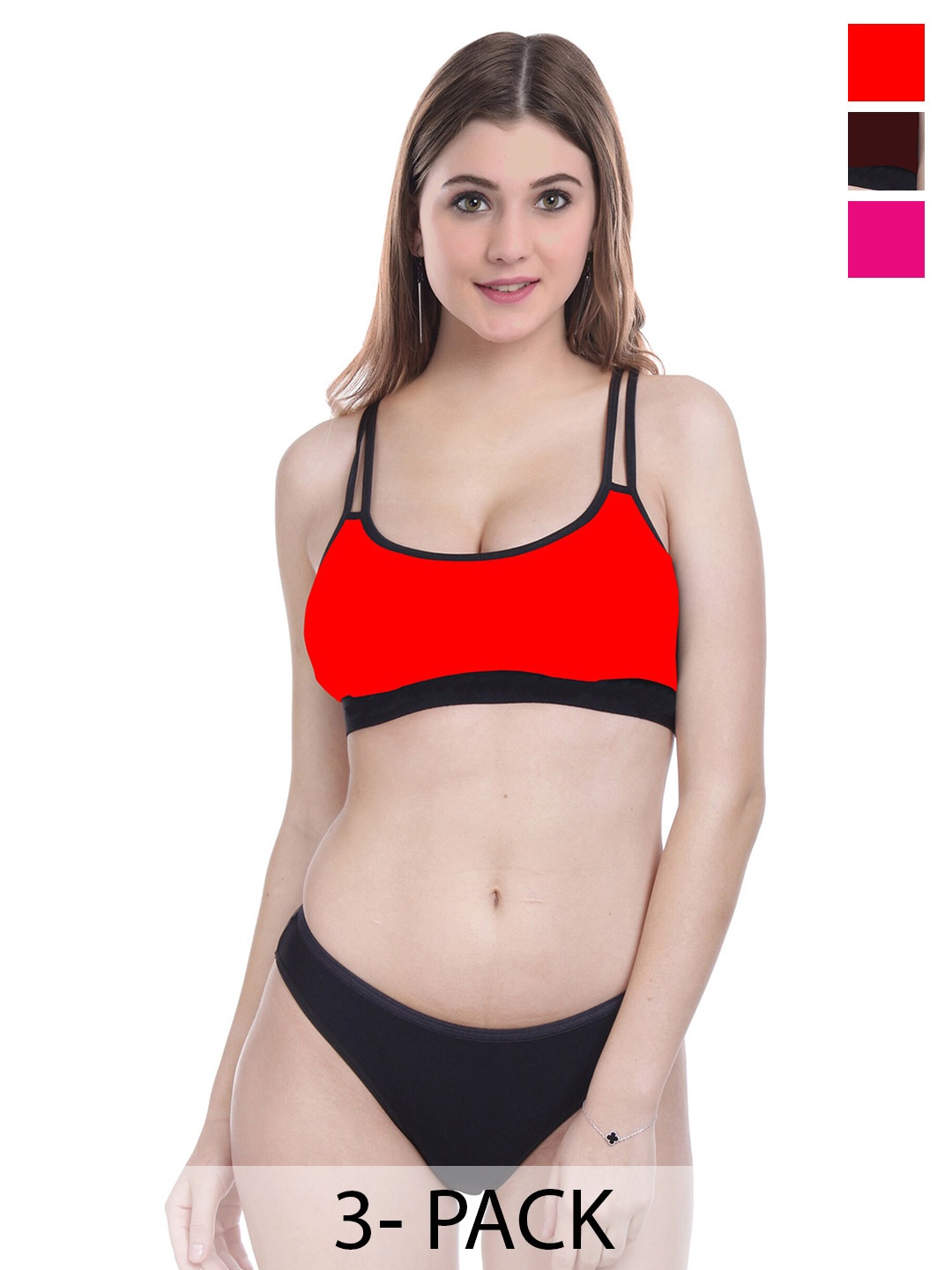 

PIBU Pack Of 3 Non Padded Cotton Lingerie Set=, Red