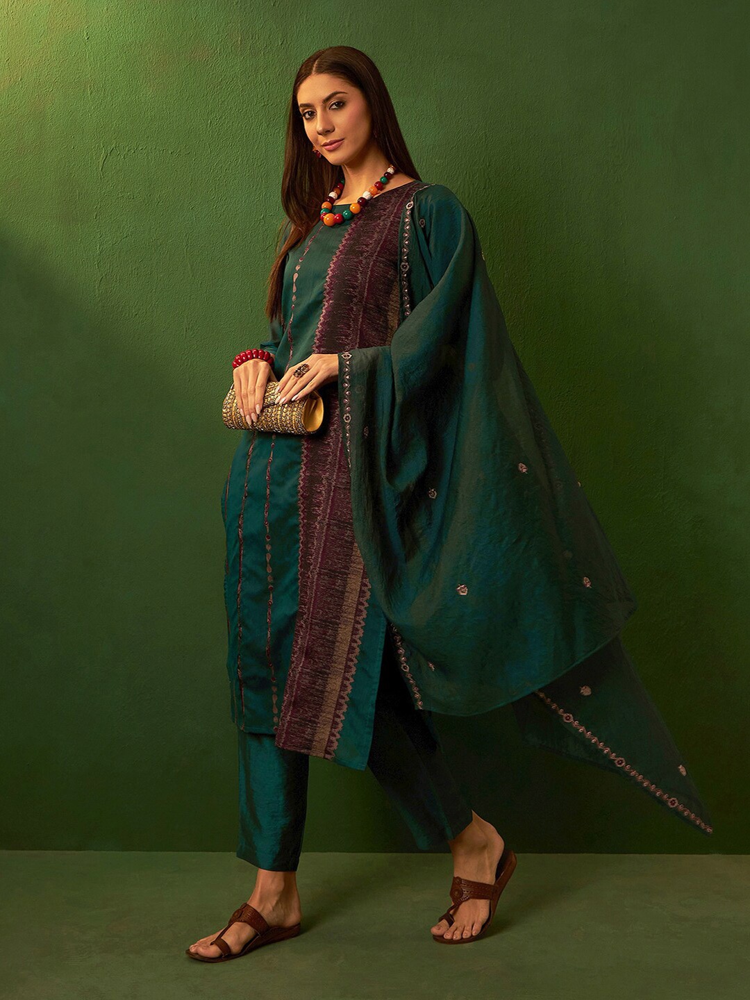 

Sangria Woven Design Kurta with Trousers and Dupatta, Teal