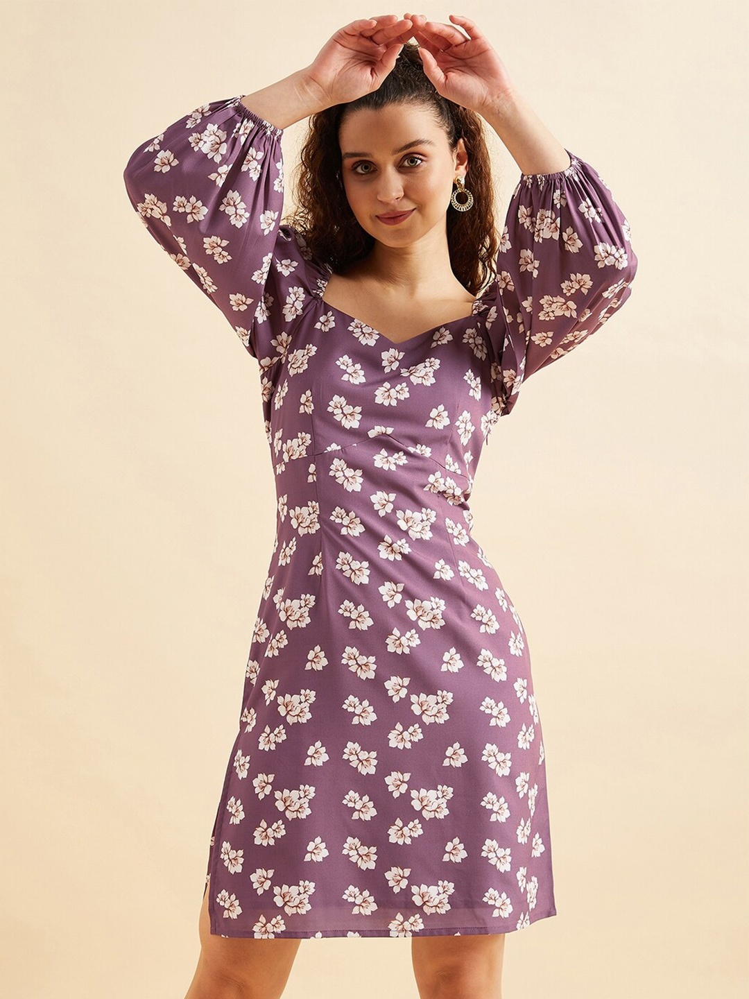 

PANIT Mauve Floral Print V-Neck Fit & Flare Dress