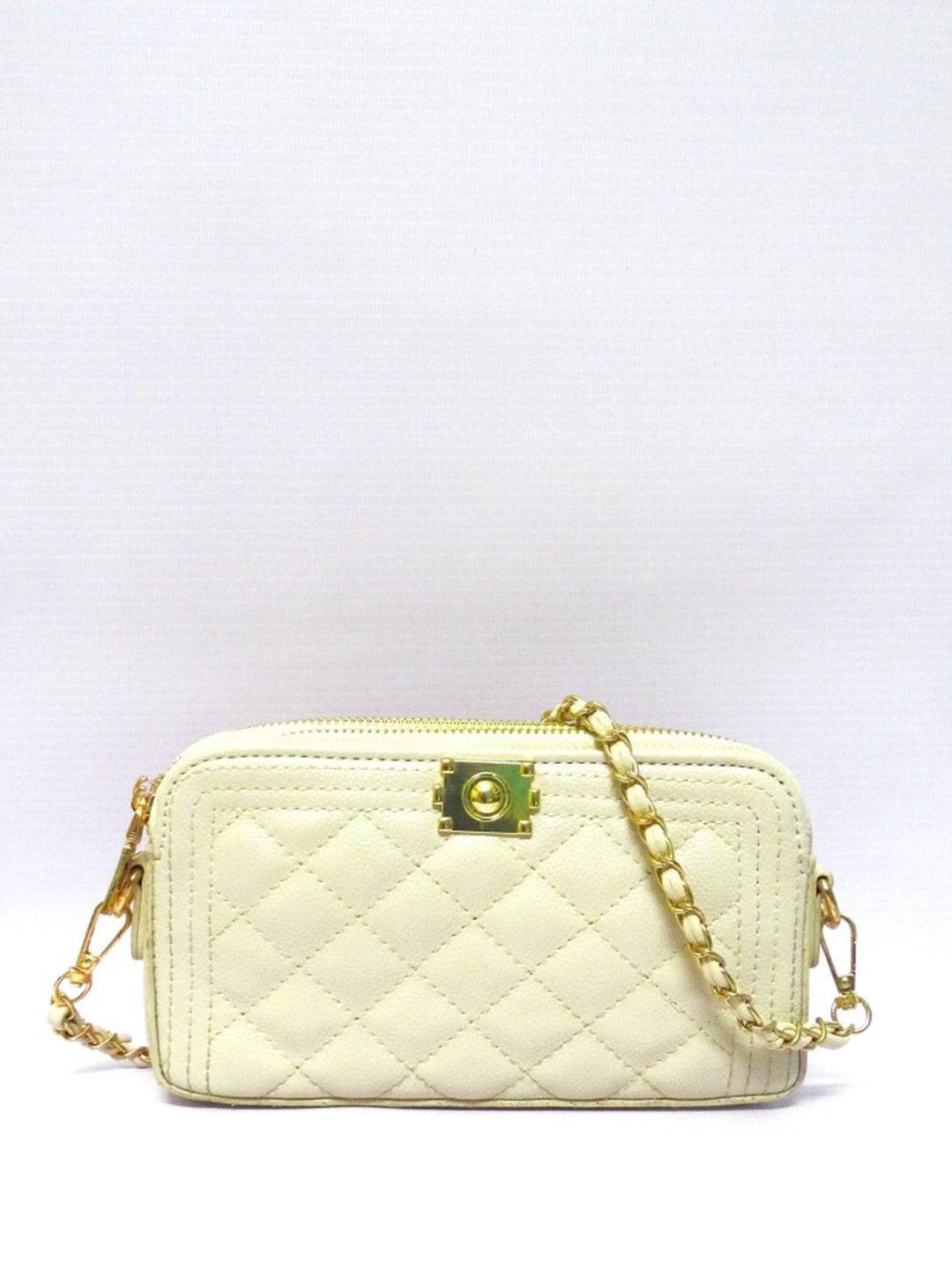 

CHRONICLE Women Checked Quilted Sling Strap Zip Around Wallet, Cream