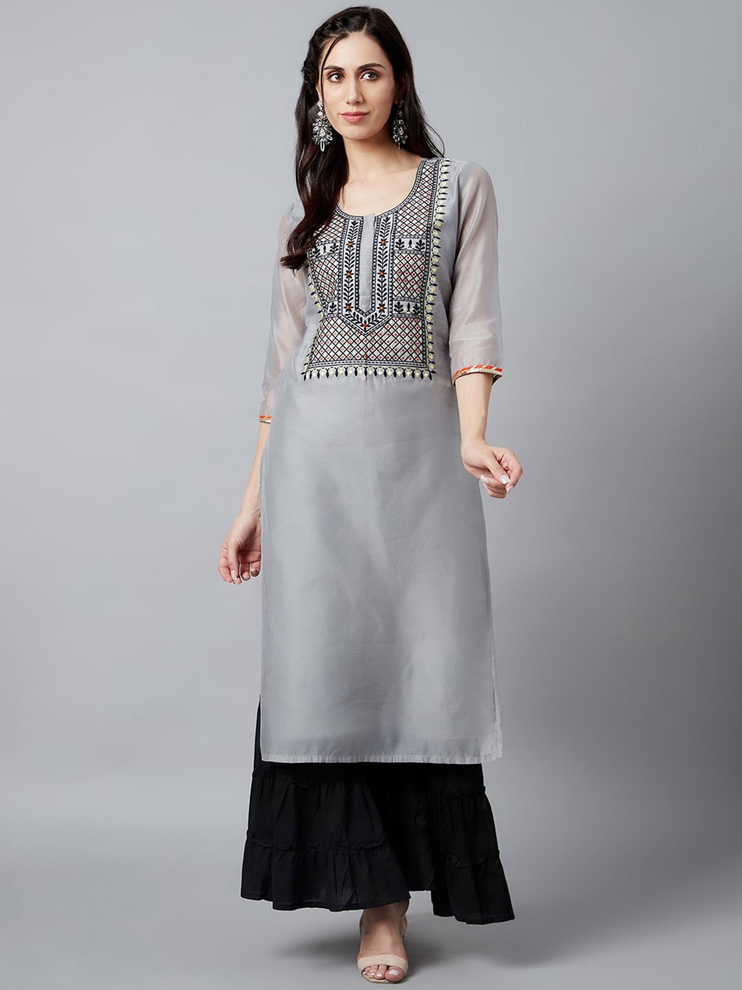 

Anouk Black Tribal Yoke Design Thread Work Chanderi Silk Kurta