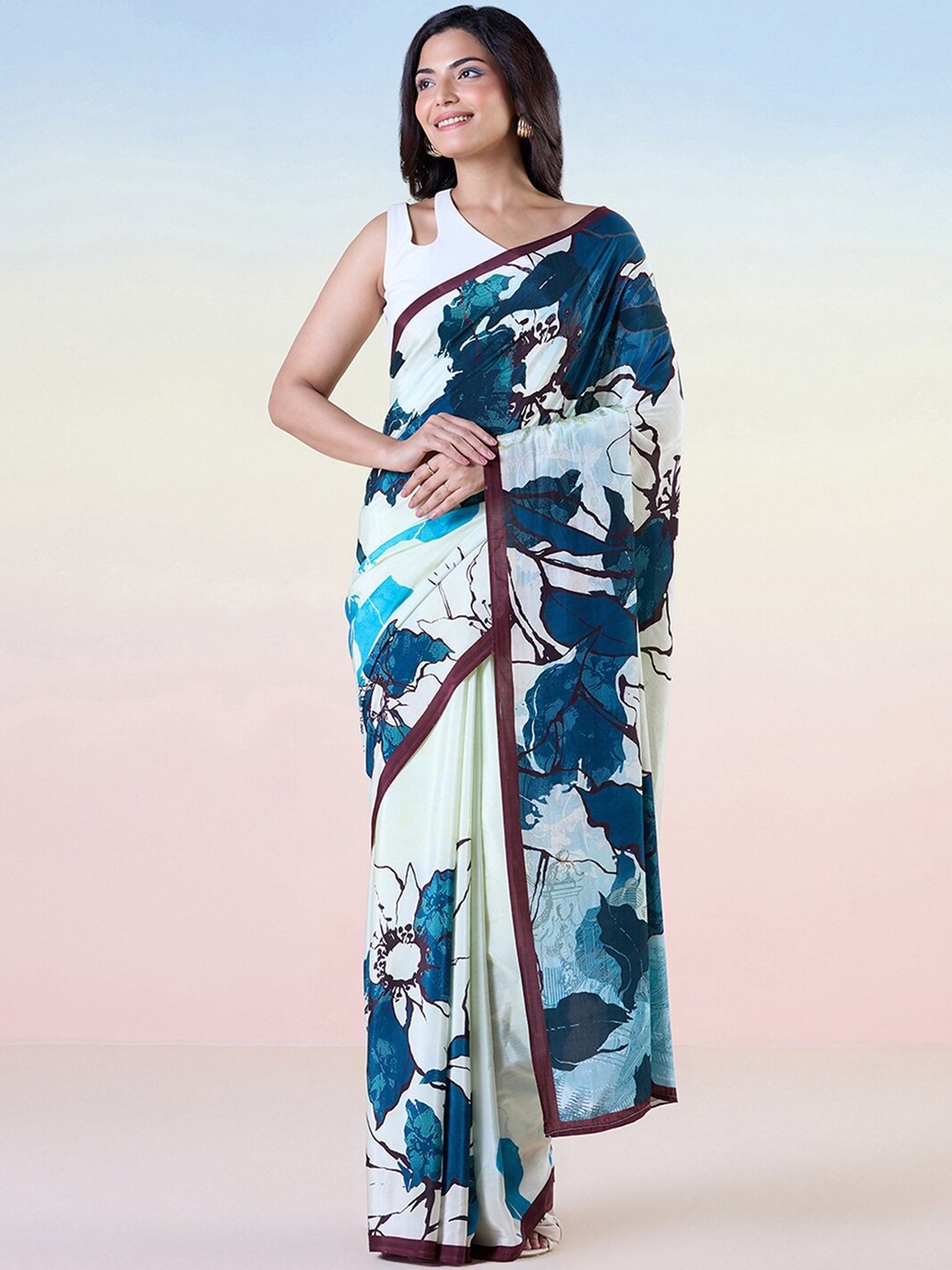 

navyasa by liva Floral Printed Pure Crepe Saree, Beige