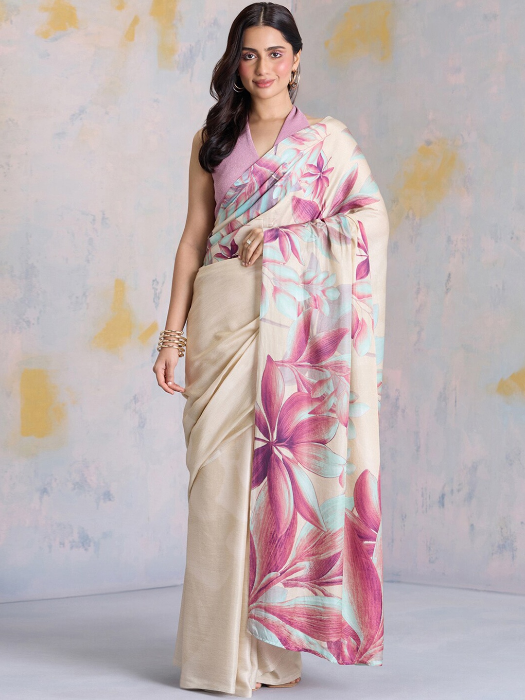 

navyasa by liva Floral Printed Satin Saree, Beige