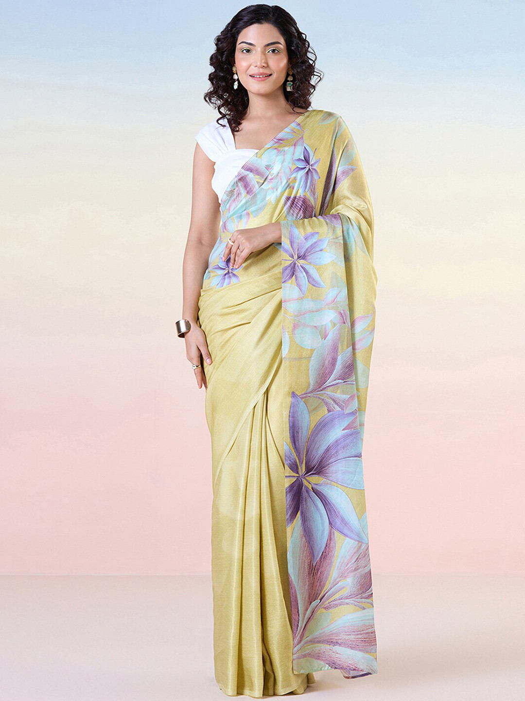 

navyasa by liva Floral Print Satin Saree, Yellow