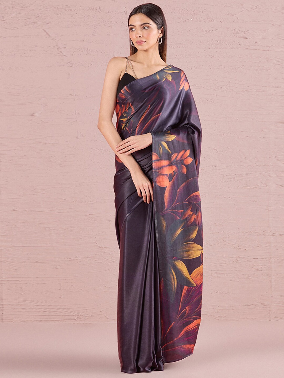 

navyasa by liva Floral Print Satin Saree, Black