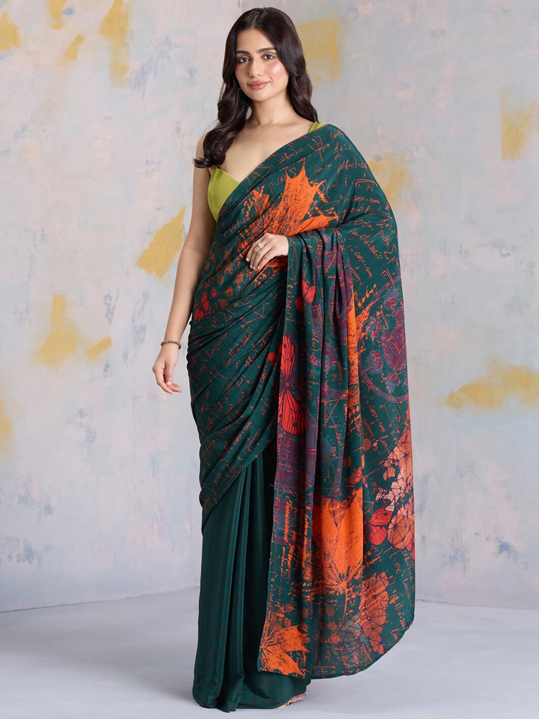 

navyasa by liva Floral Print Pure Crepe Saree, Green