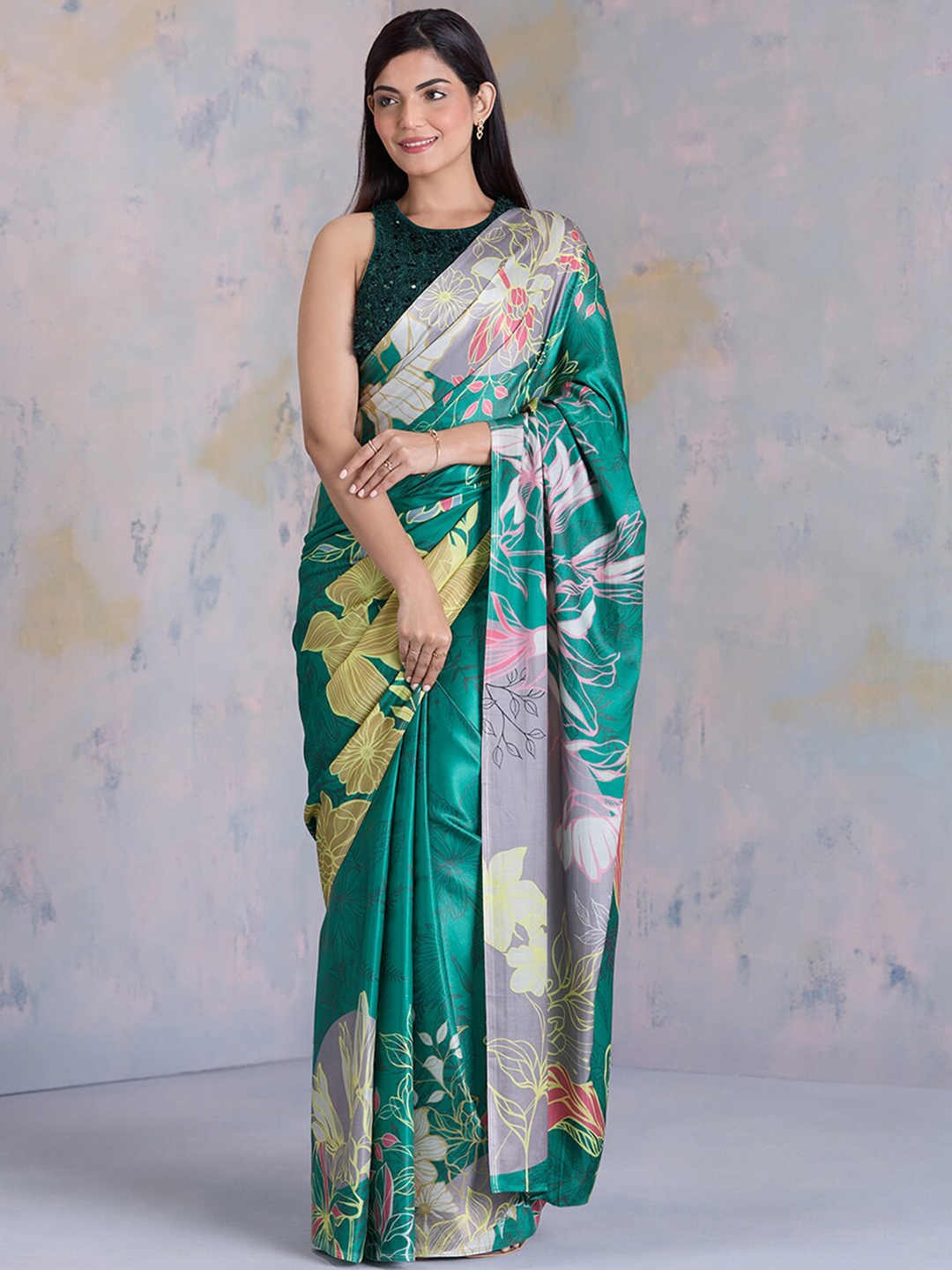 

navyasa by liva Floral Print Satin Saree, Green