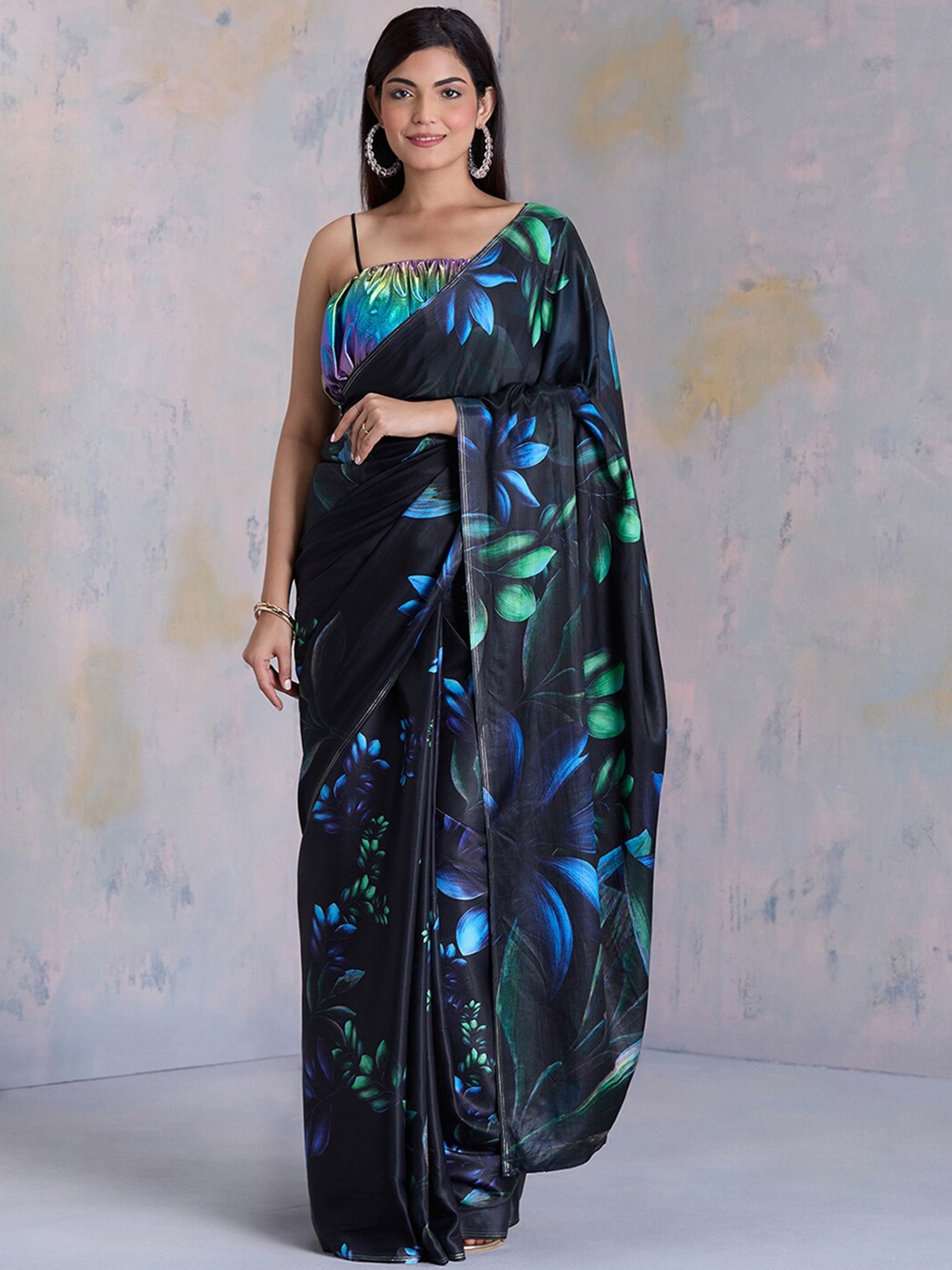

navyasa by liva Floral Satin Saree, Black