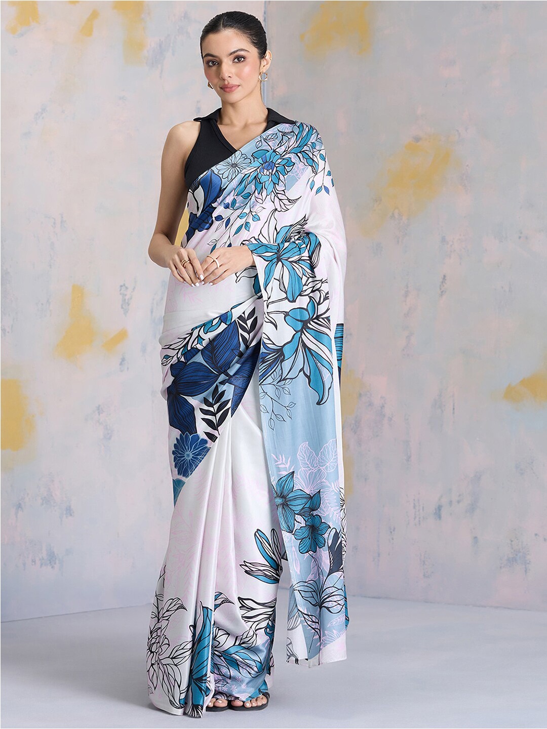 

navyasa by liva Floral Satin Saree, White