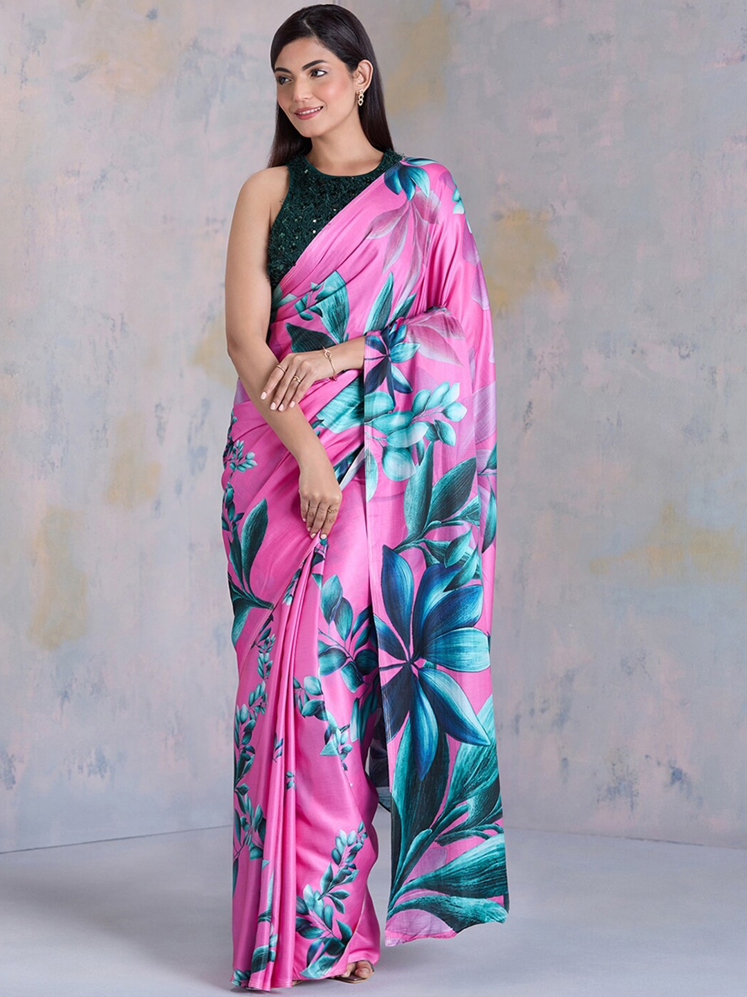 

navyasa by liva Floral Satin Saree, Pink