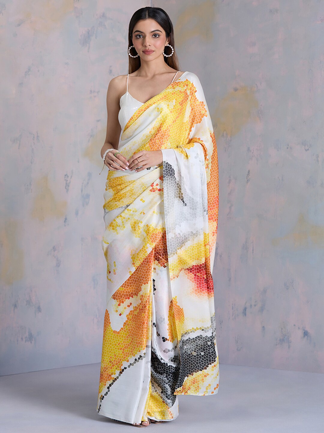 

navyasa by liva Geometric Printed Satin Saree, Orange