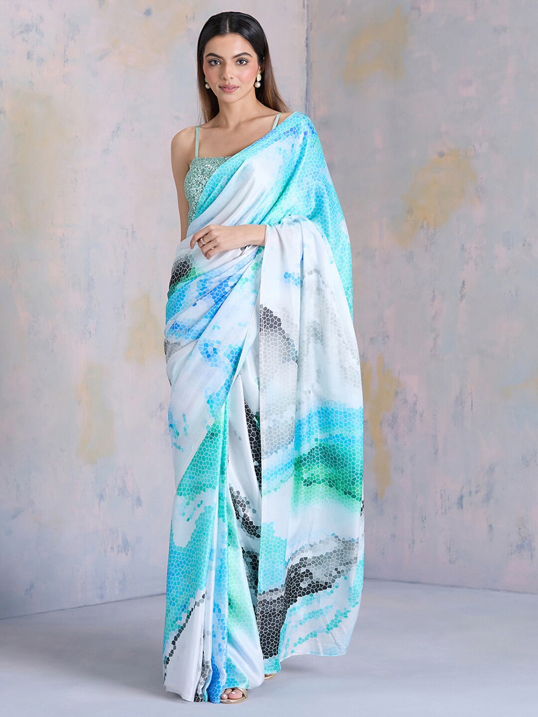 

navyasa by liva Geometric Printed Satin Saree, Blue