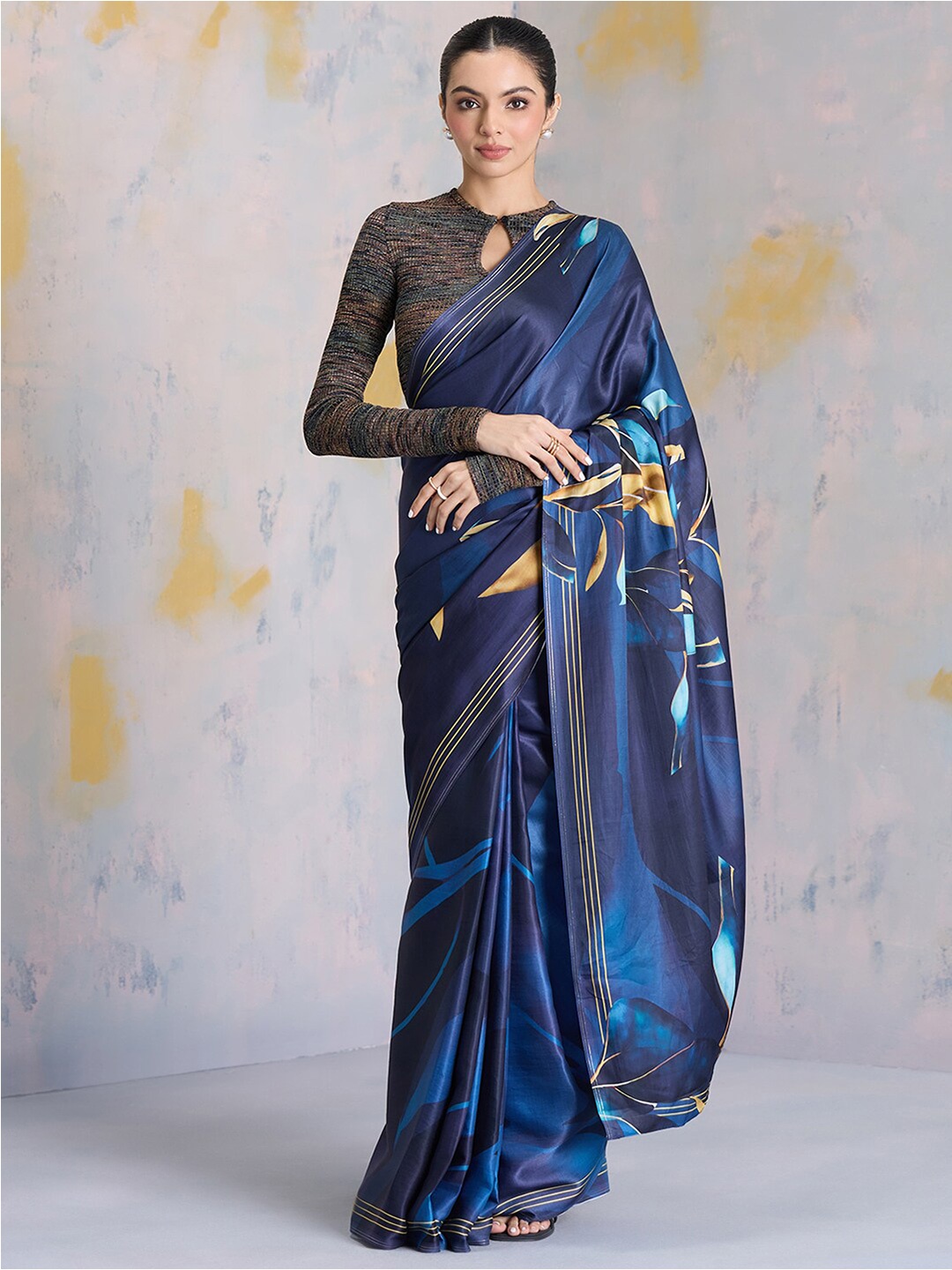 

navyasa by liva Floral Printed Satin Saree, Blue