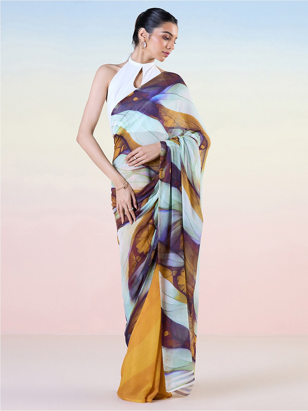 

navyasa by liva Abstract Printed Half and Half Saree, Yellow