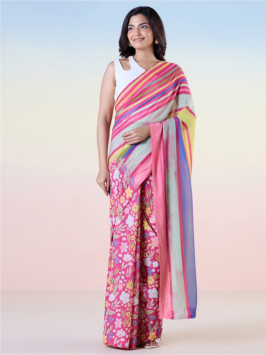 

navyasa by liva Floral Printed Pure Georgette Half and Half Saree, Pink