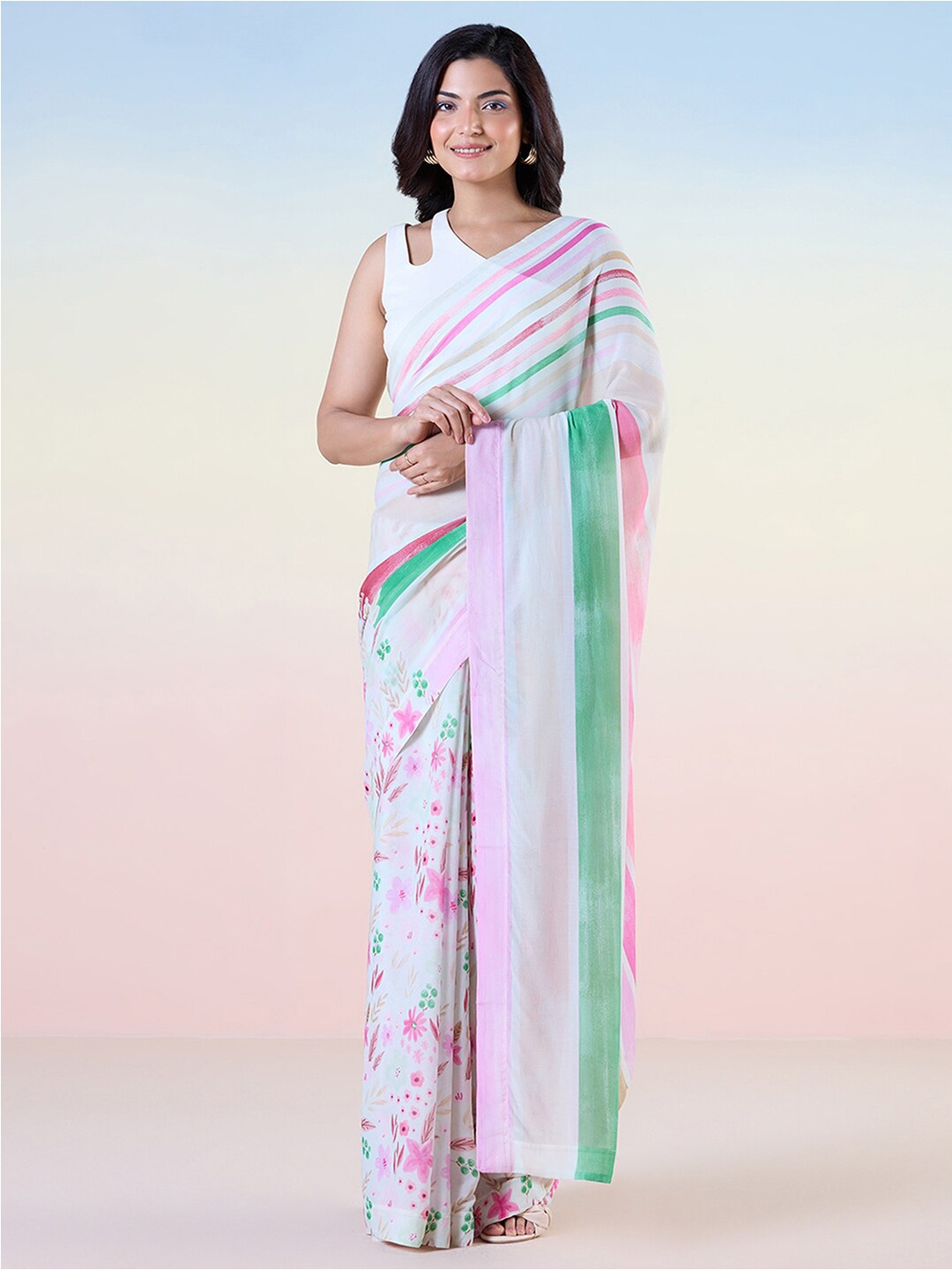

navyasa by liva Floral Printed Pure Georgette Half And Half Saree, Green