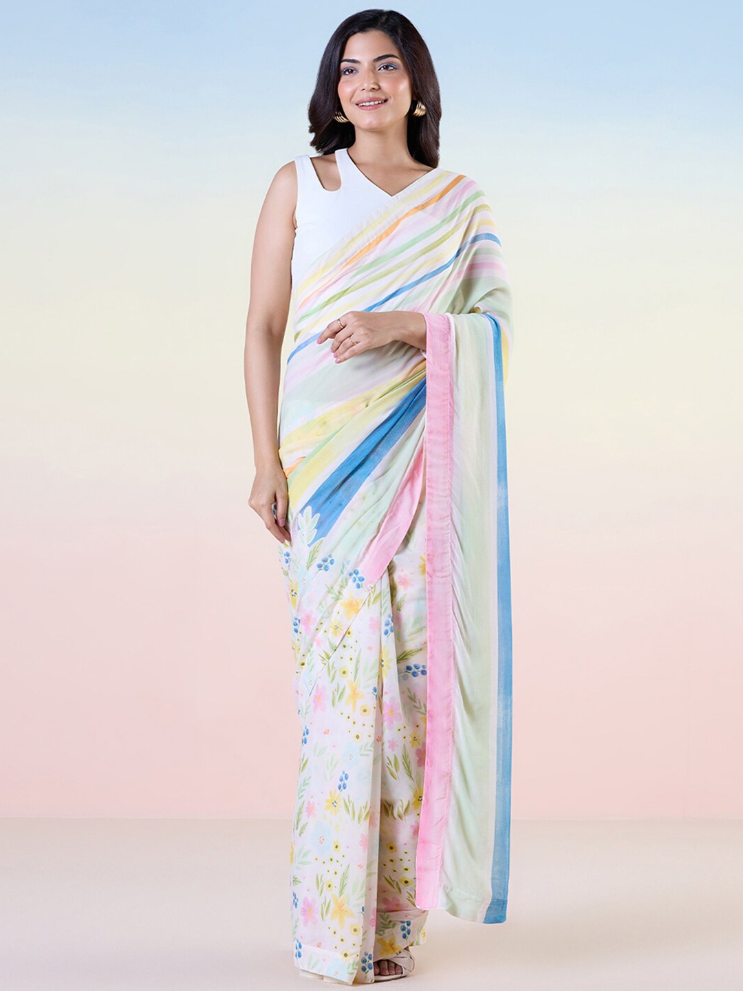 

navyasa by liva Floral Printed Pure Georgette Half And Half Saree, White