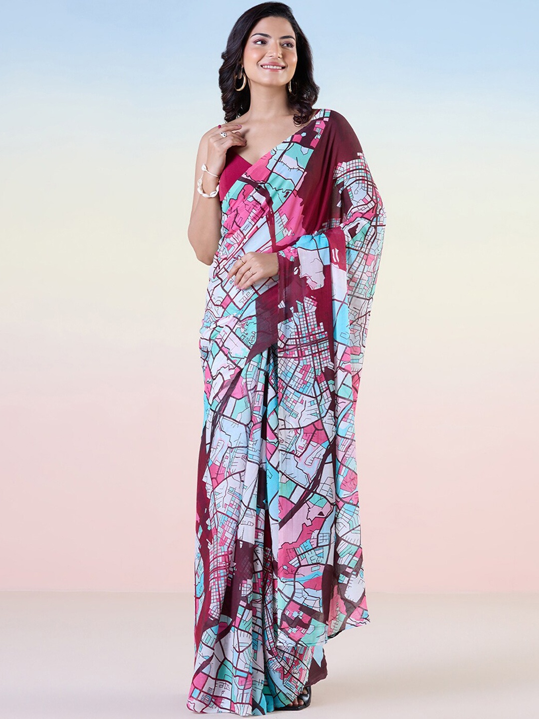 

navyasa by liva Abstract Printed Pure Georgette Saree, Maroon