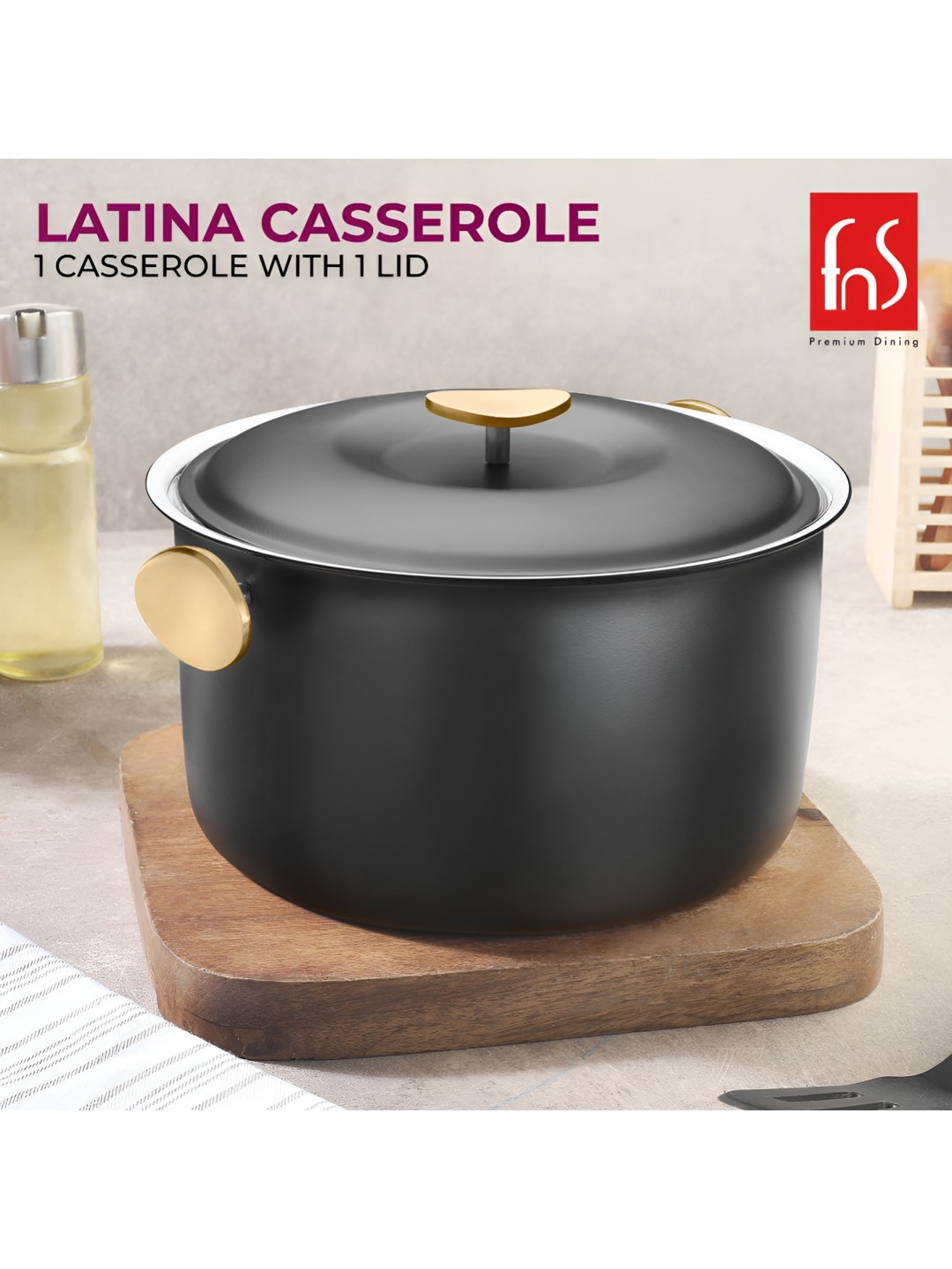 

FNS Black & Beige Stainless Steel Serving Casserole With Lid 2.2 L