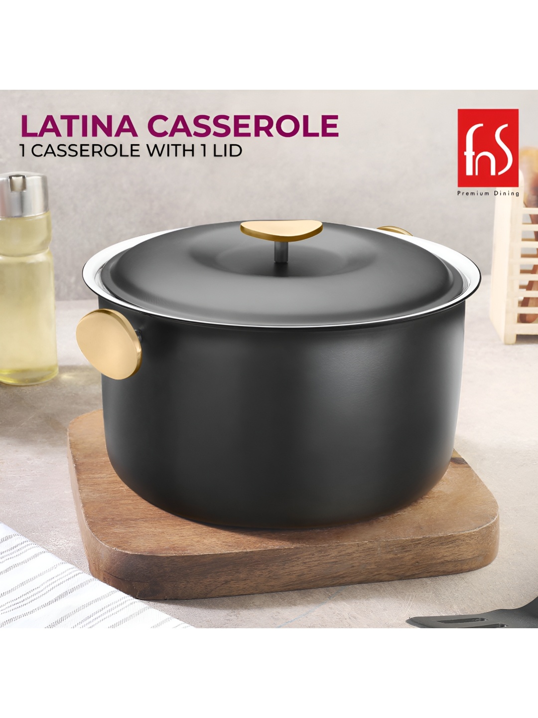 

FNS Black & Beige Stainless Steel Serving Casserole With Lid 850 ML