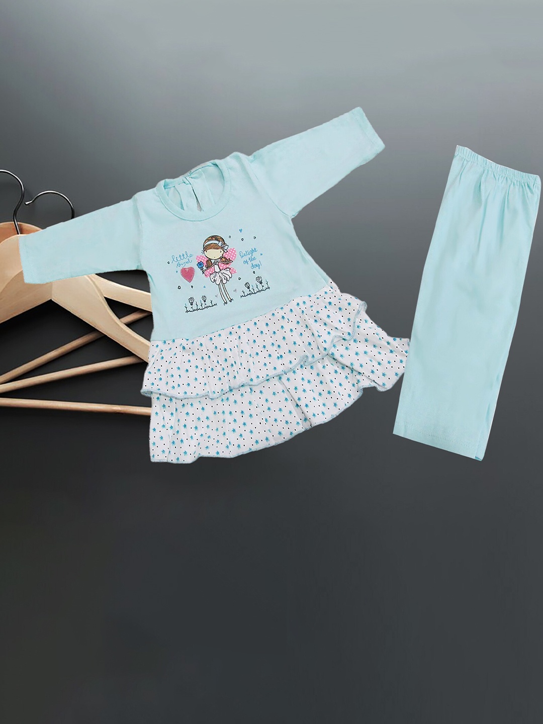 

BAESD Infant Girls Floral Printed Layered Pure Cotton A-Line Dress With Trousers, Blue