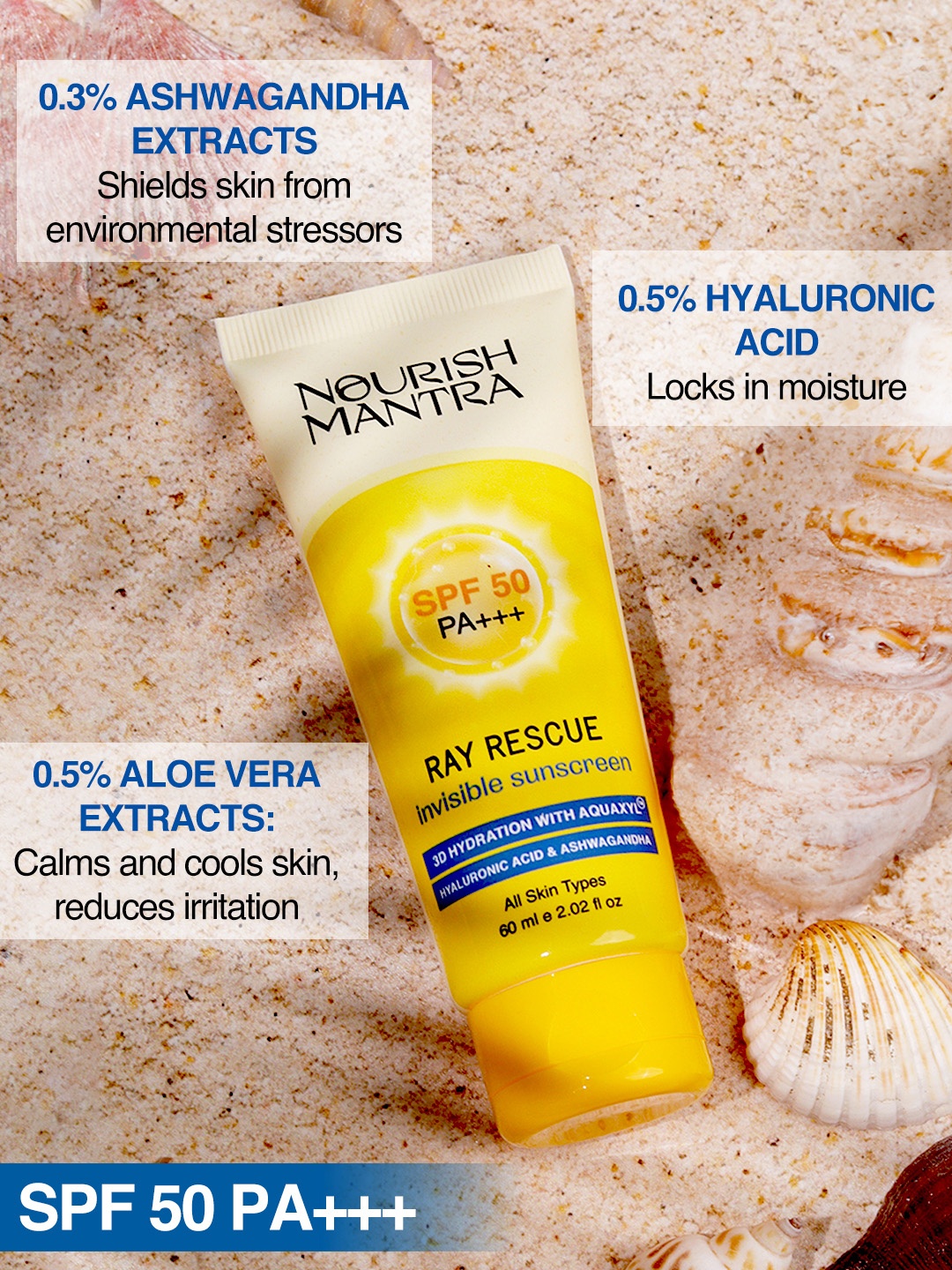 

Nourish Mantra Ray Rescue Sunscreen With SPF50 PA+++ - 60ml, Yellow