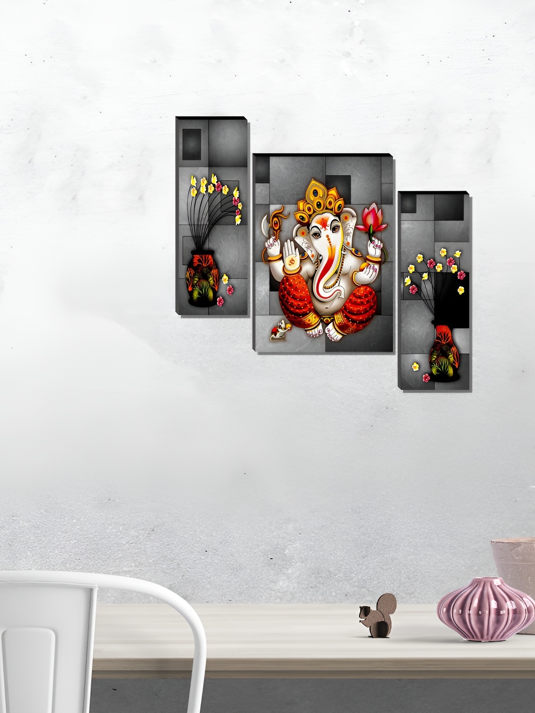 

WALLMAX Red & White 3 Pieces Synthetic Wooden Painting Wall Art