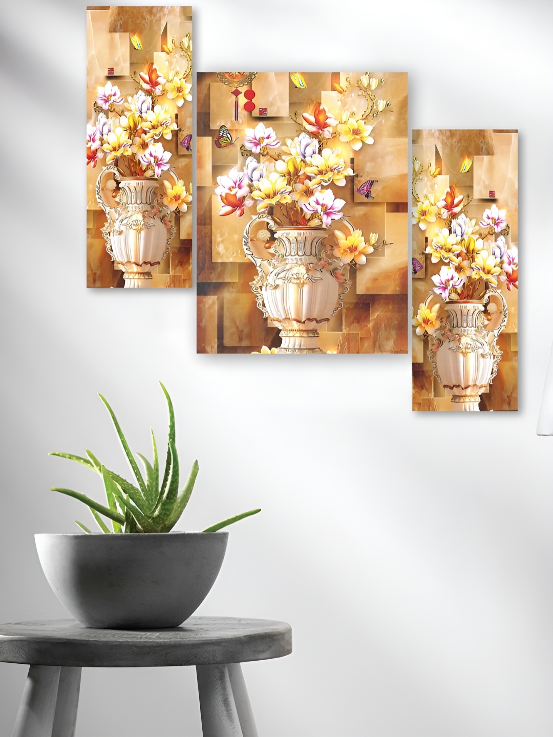 

WALLMAX Beige & White 3 Pieces Synthetic Wooden Painting Wall Art