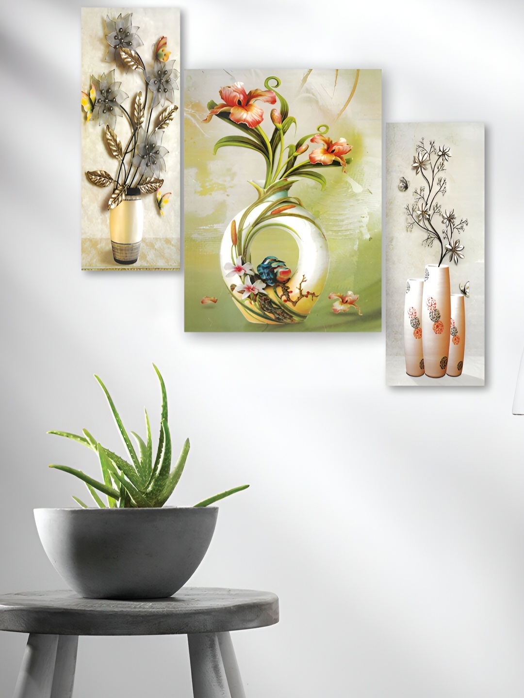 

WALLMAX White & Green 3 Pieces Synthetic Wooden Painting Wall Art