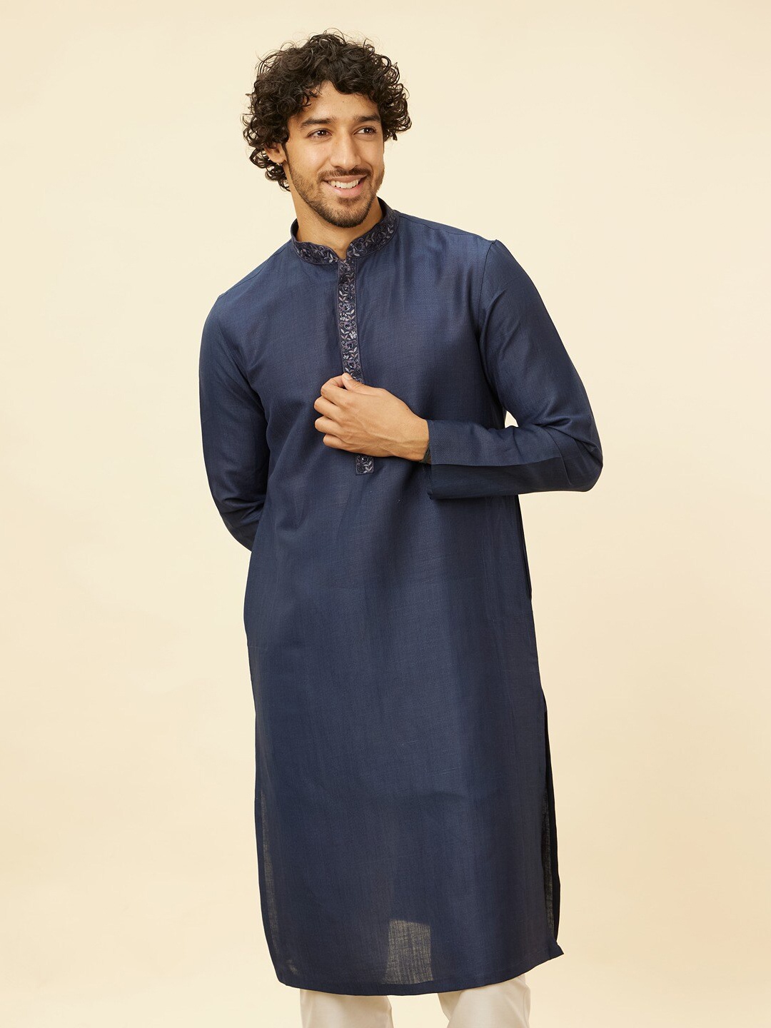 

Manyavar Mandarin Collar Regular Linen Kurta with Pyjamas, Blue