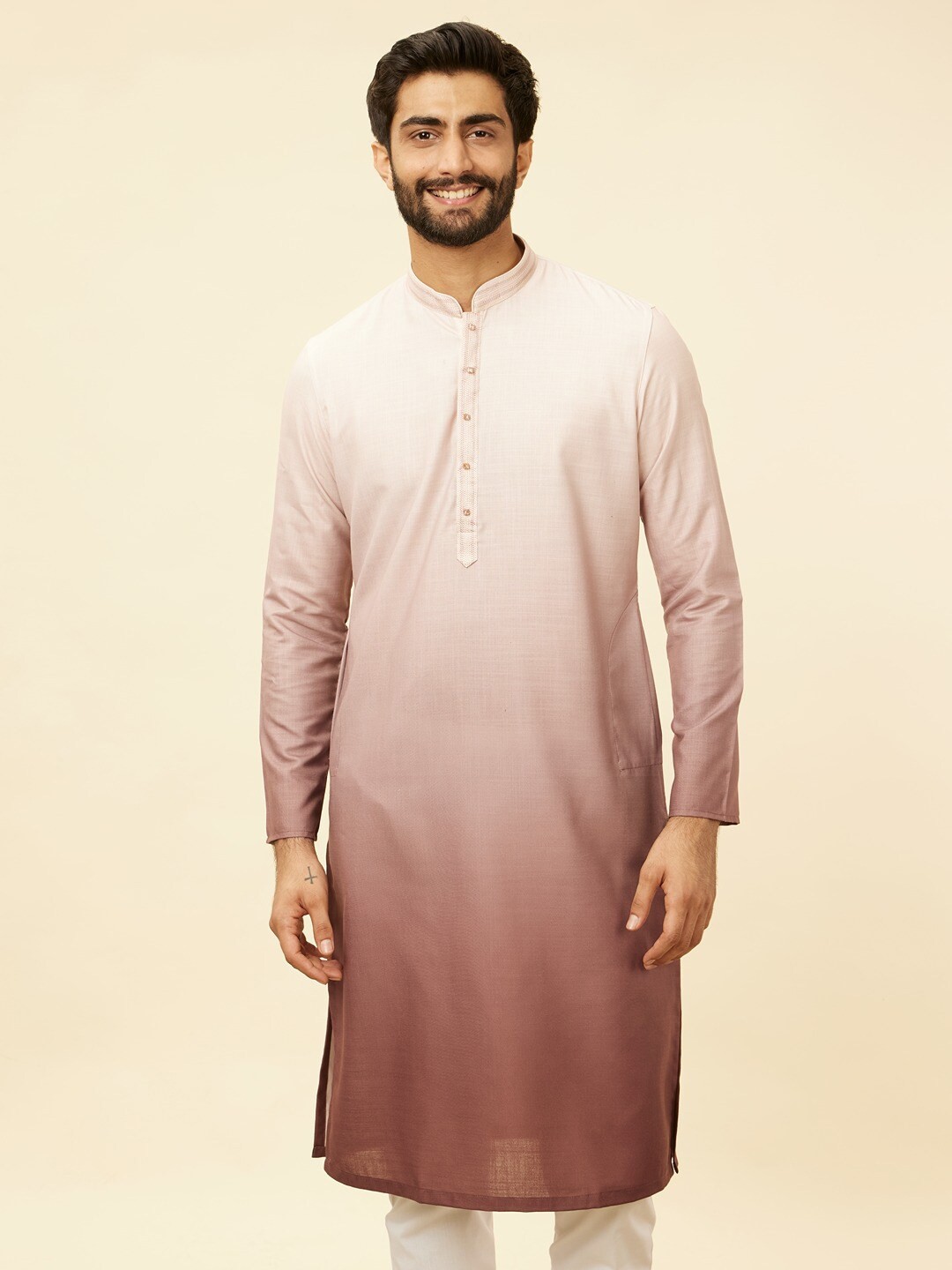 

Manyavar Mandarin Collar Ombre Dyed Regular Straight Kurta With Pyjamas, Brown