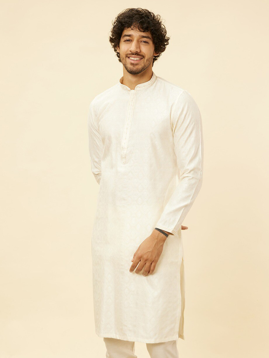 

Manyavar Mandarin collar Regular Thread Work Kurta with Pyjamas, Cream