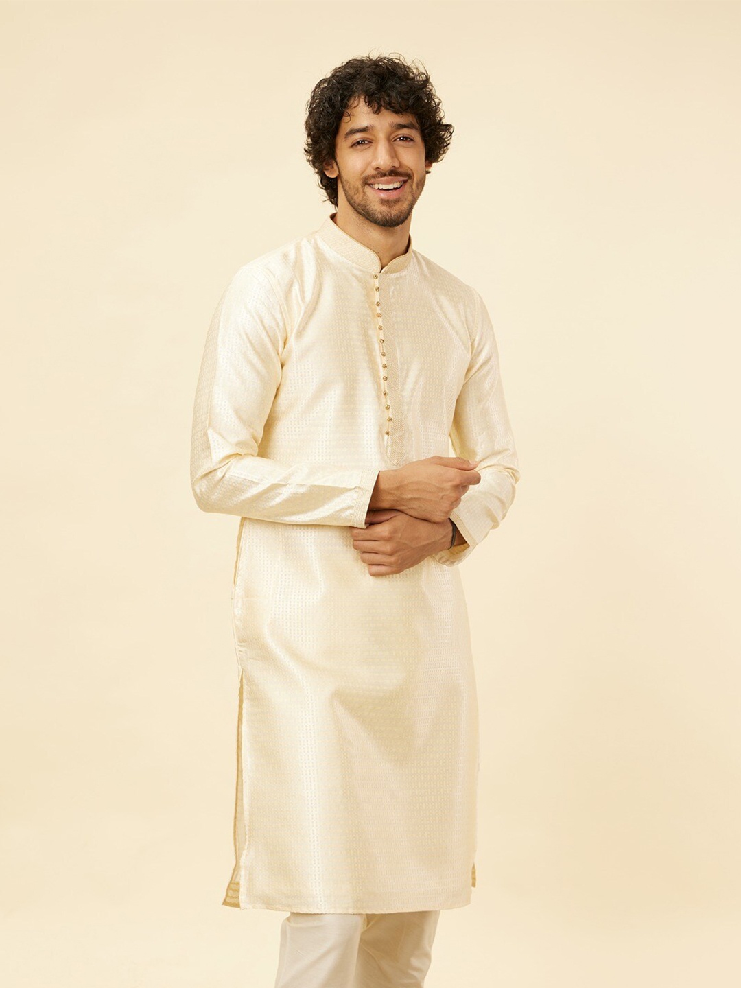 

Manyavar Mandarin Collar Regular Straight Kurta With Churidar, Cream