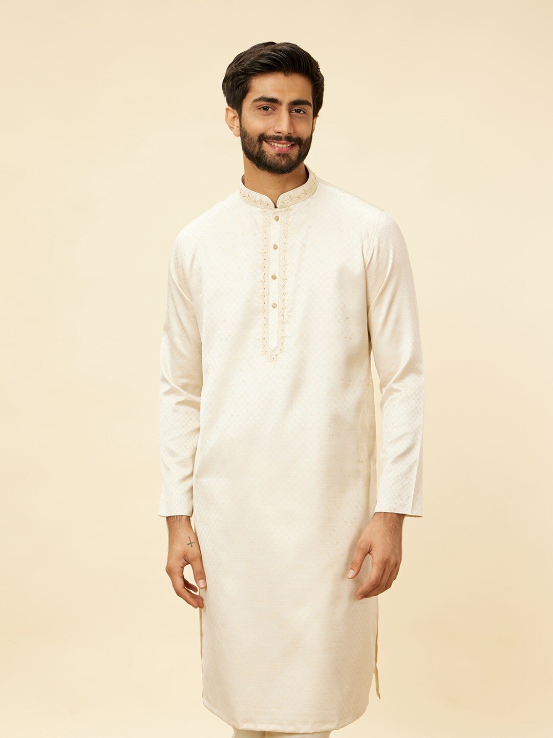 

Manyavar Ethnic Motifs Printed Satin Straight Kurta With Pyjama, Cream