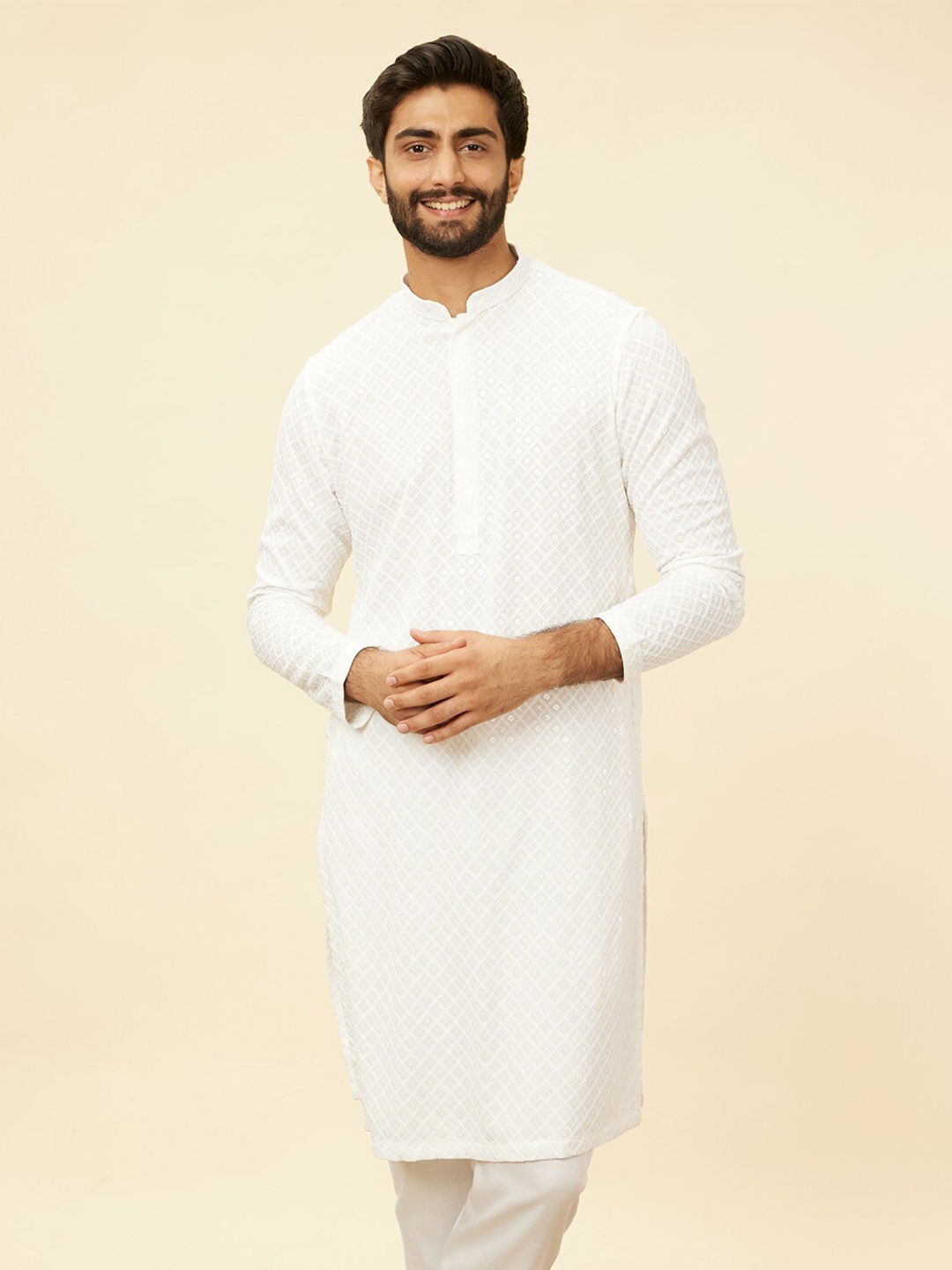 

Manyavar Ethnic Motifs Embroidered Regular Thread Work Kurta with Pyjamas, White