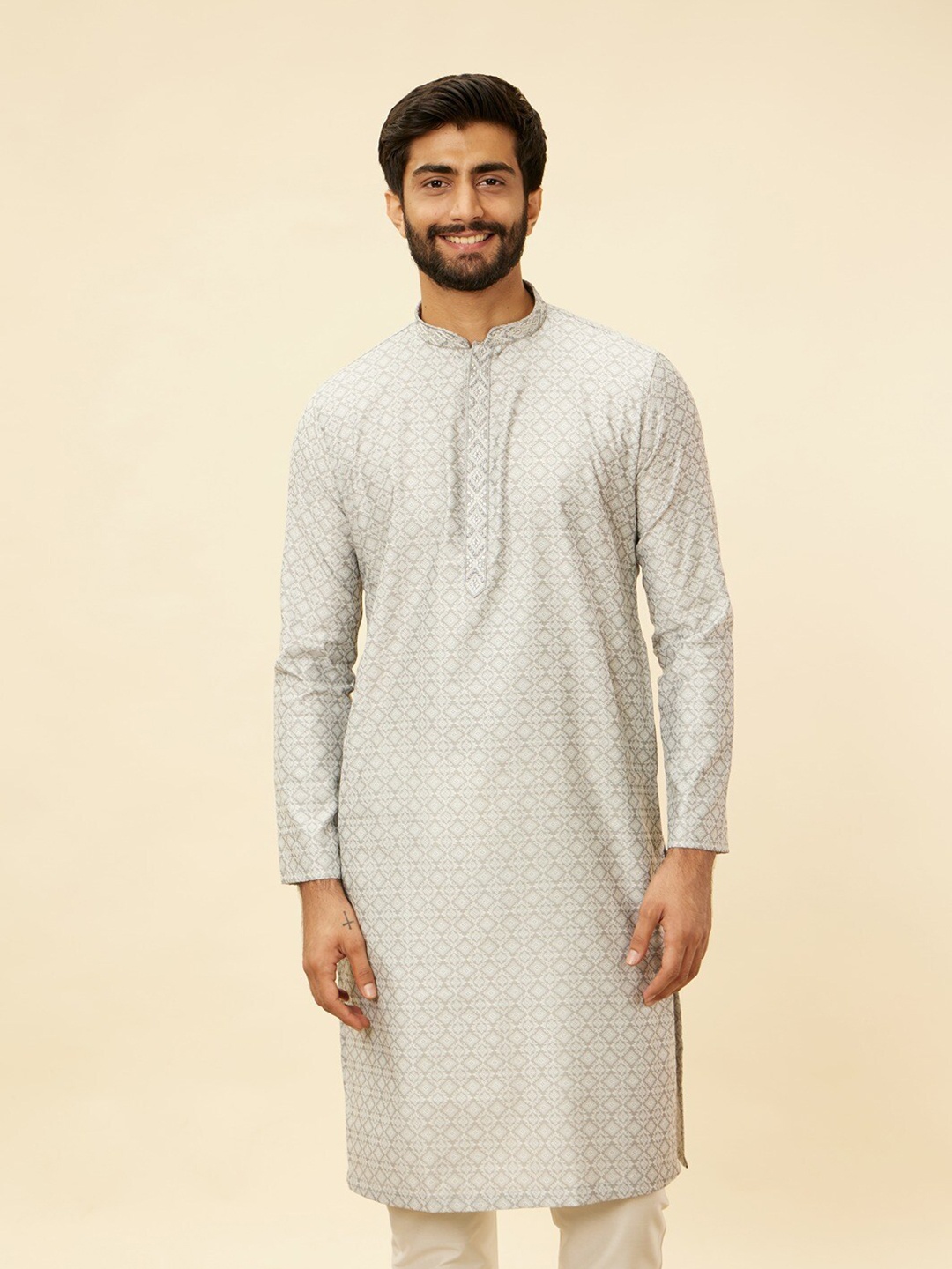 

Manyavar Mandarin collar Ethnic Motifs Printed Regular Kurta with Pyjamas, Grey