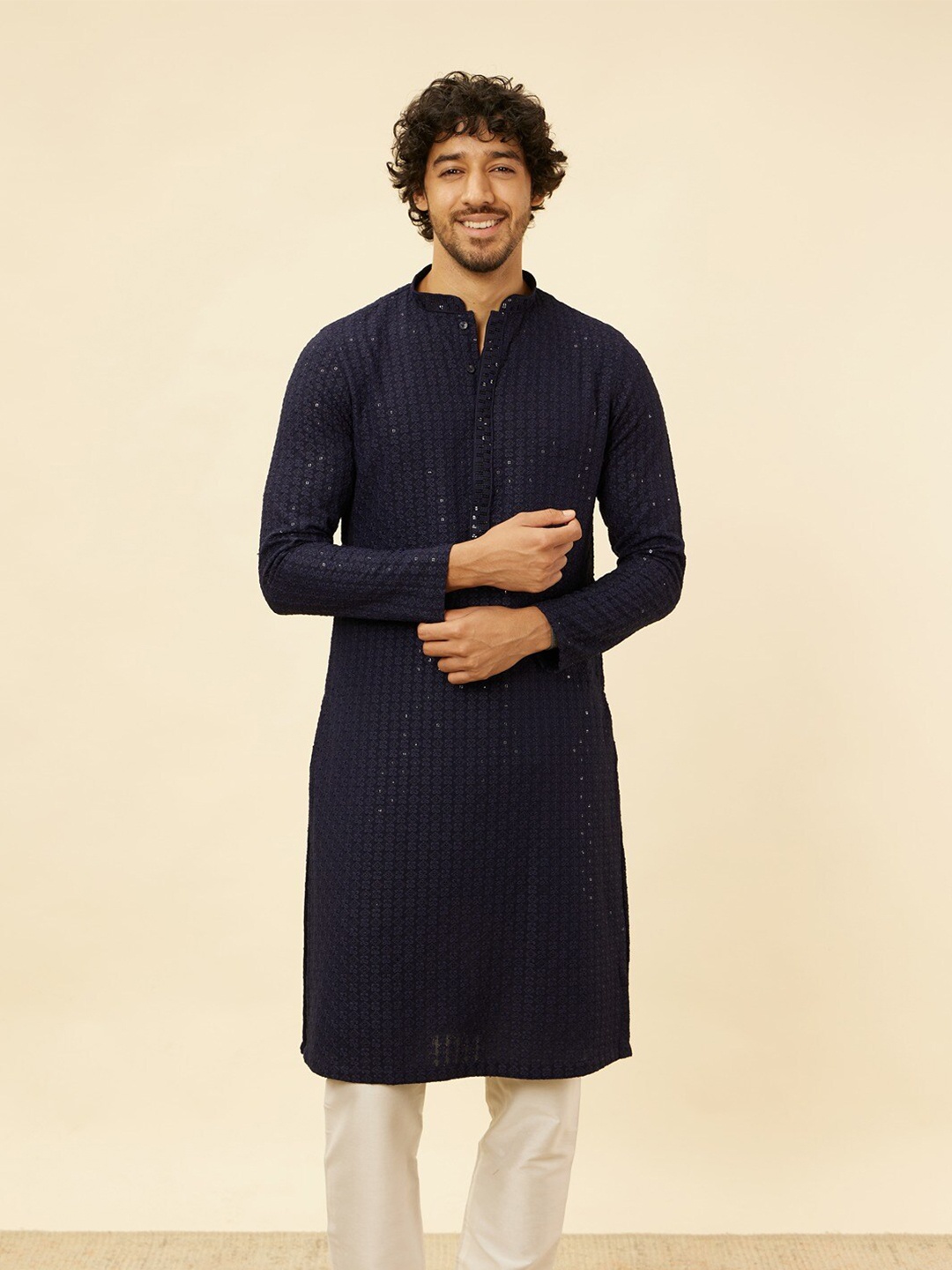 

Manyavar Embroidered Sequinned Straight Kurta With Pyjama, Blue