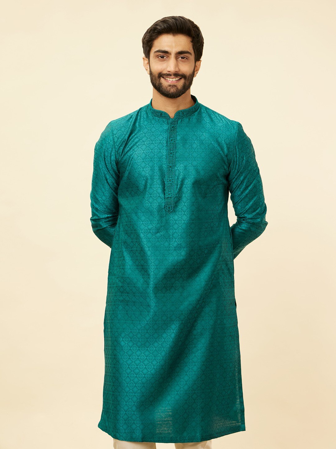 

Manyavar Mandarin Collar Regular Thread Work Kurta with Pyjamas, Green