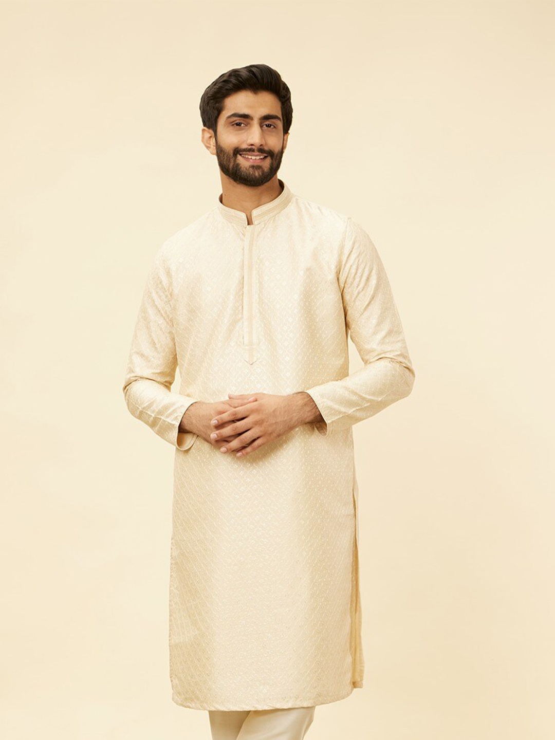

Manyavar Mandarin collar Regular Kurta with Pyjamas, Beige
