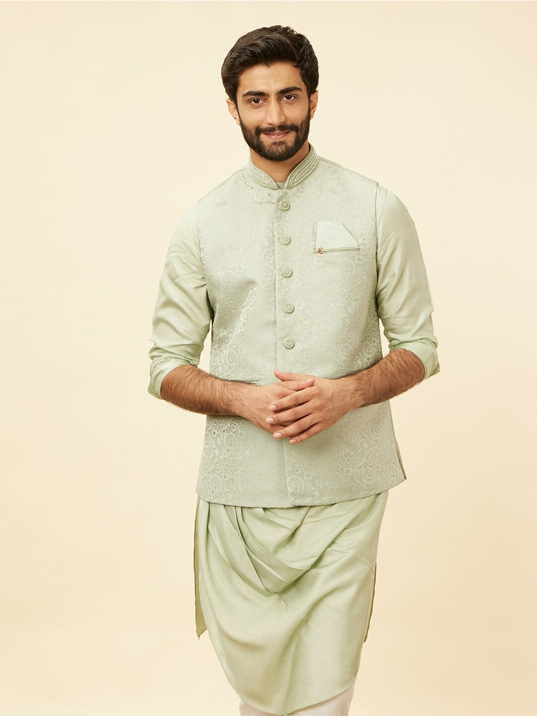 

Manyavar Mandarin Collar Long Sleeves Regular Kurta With Pyjamas & Jacket, Green