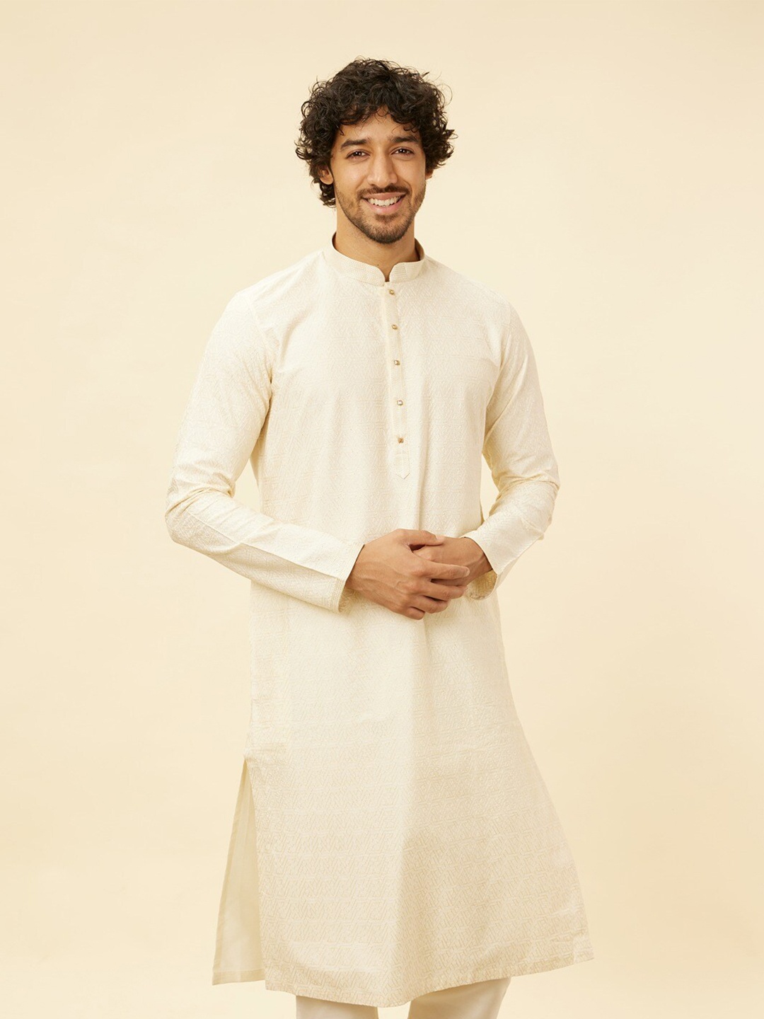 

Manyavar Mandarin collar Regular Kurta with Pyjamas, Cream