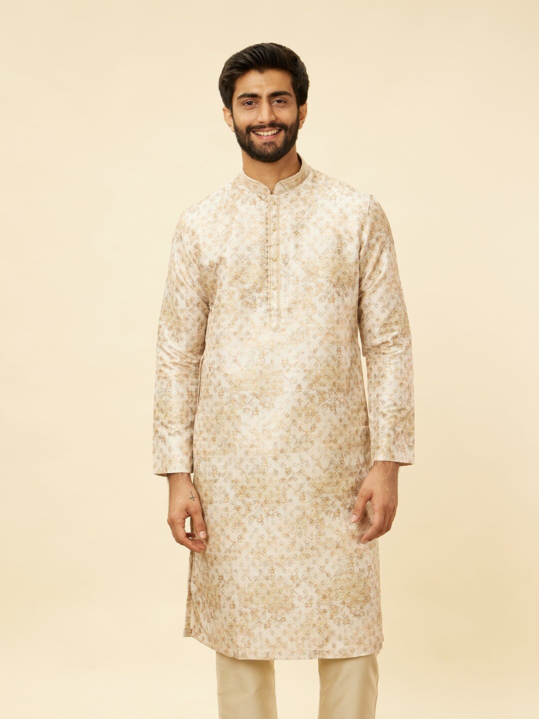 

Manyavar Floral Printed Straight Kurta With Pyjama, Beige