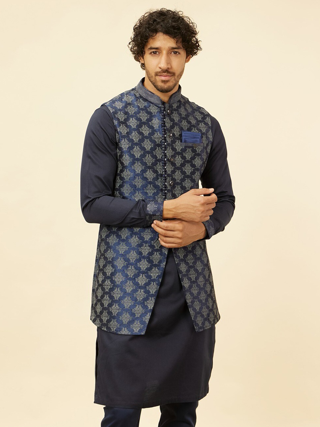 

Manyavar Mandarin Collar Long Sleeves Regular Kurta With Pyjamas & Jacket, Blue