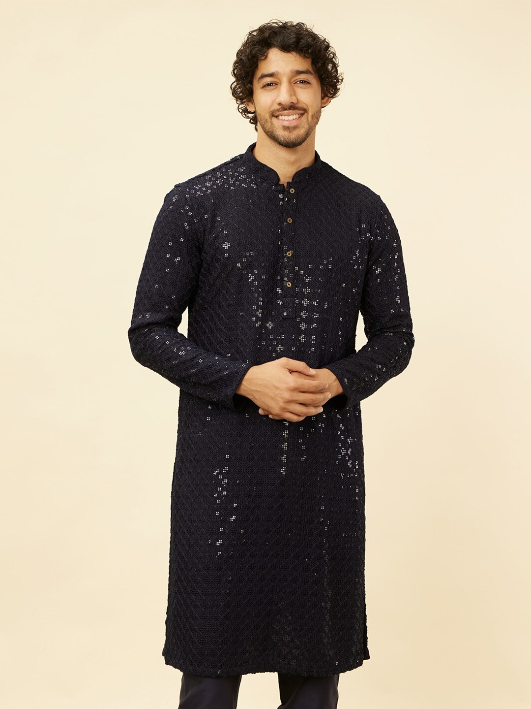 

Manyavar Ethnic Motifs Embroidered Regular Thread Work Straight Kurta With Pyjamas, Blue