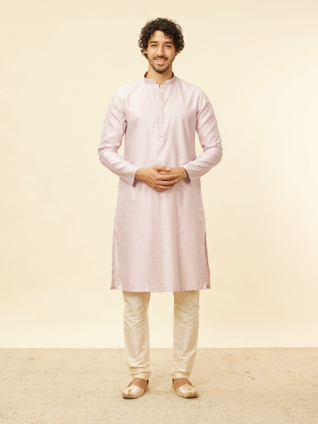 

Manyavar Ethnic Motifs Woven Design Zari Mandarin Collar Straight Kurta with Pyjamas, Purple