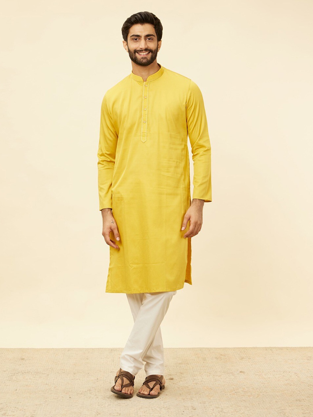 

Manyavar Mandarin Collar Thread Work Pure Cotton Staright Kurta With Pyjamas, Mustard