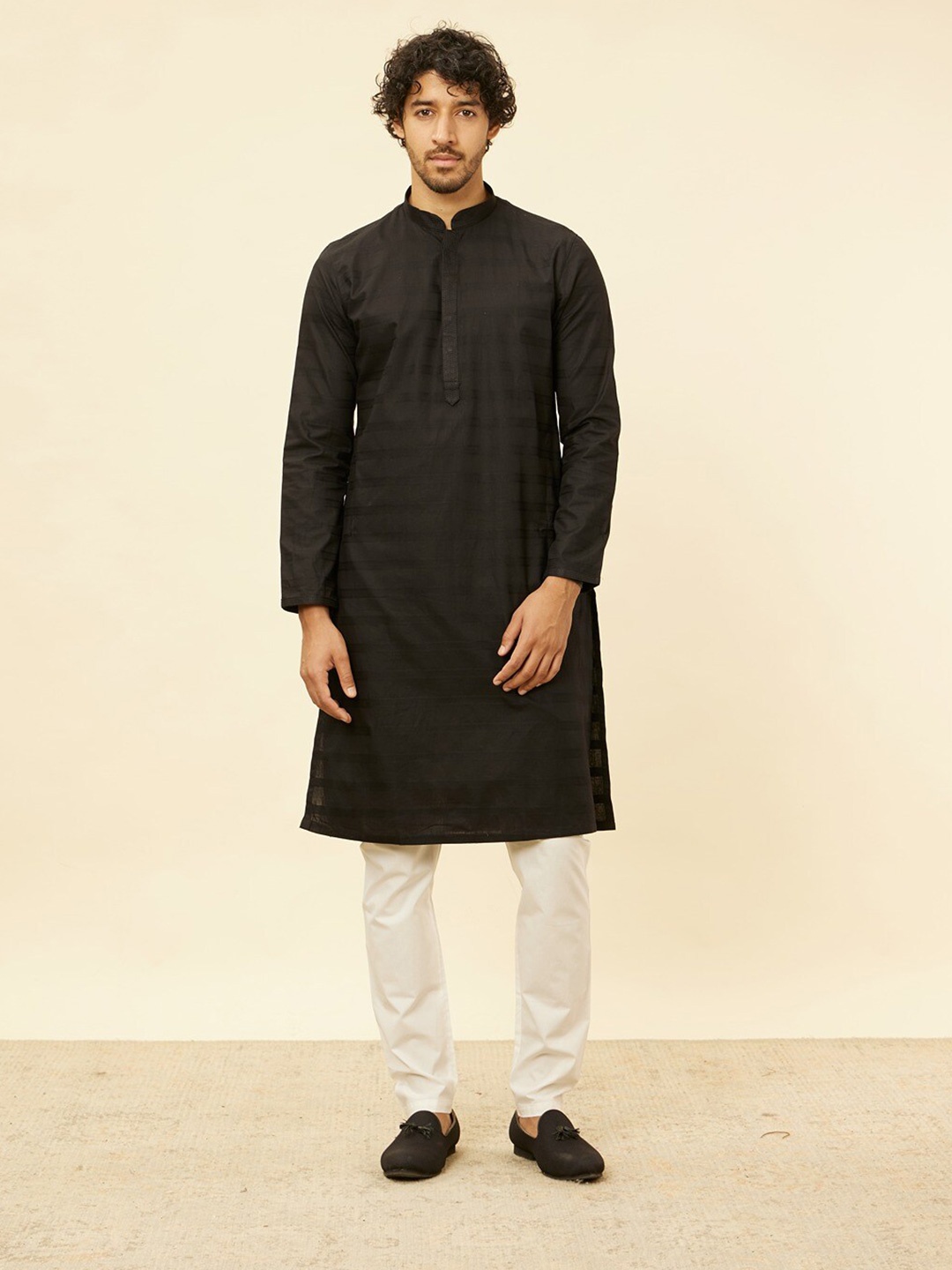 

Manyavar Mandarin Collar Striped Pure Cotton Straight Kurta With Pyjamas, Black