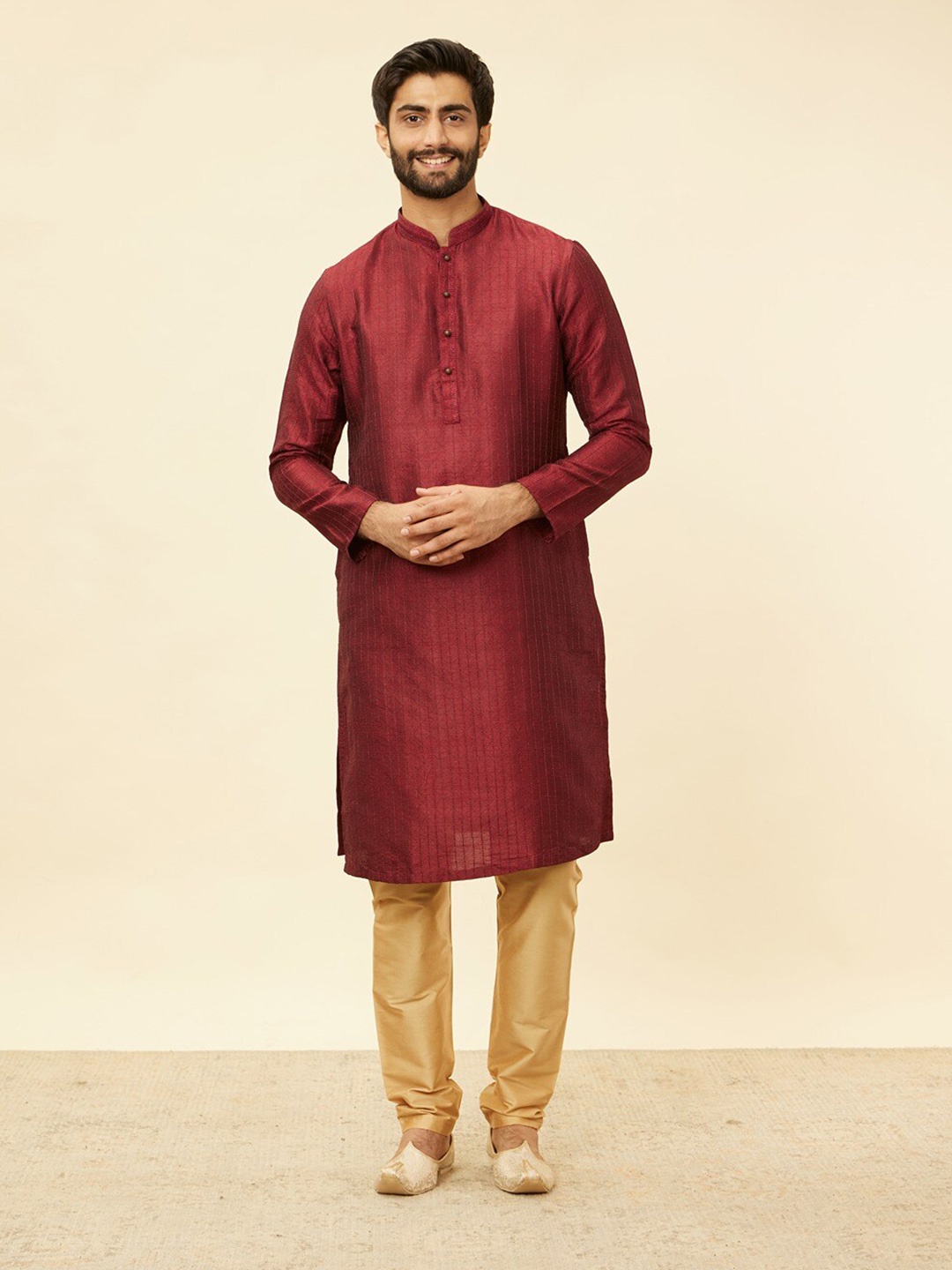 

Manyavar Geometric Woven Design Zari Mandarin Collar Art Silk Straight Kurta With Pyjama, Maroon