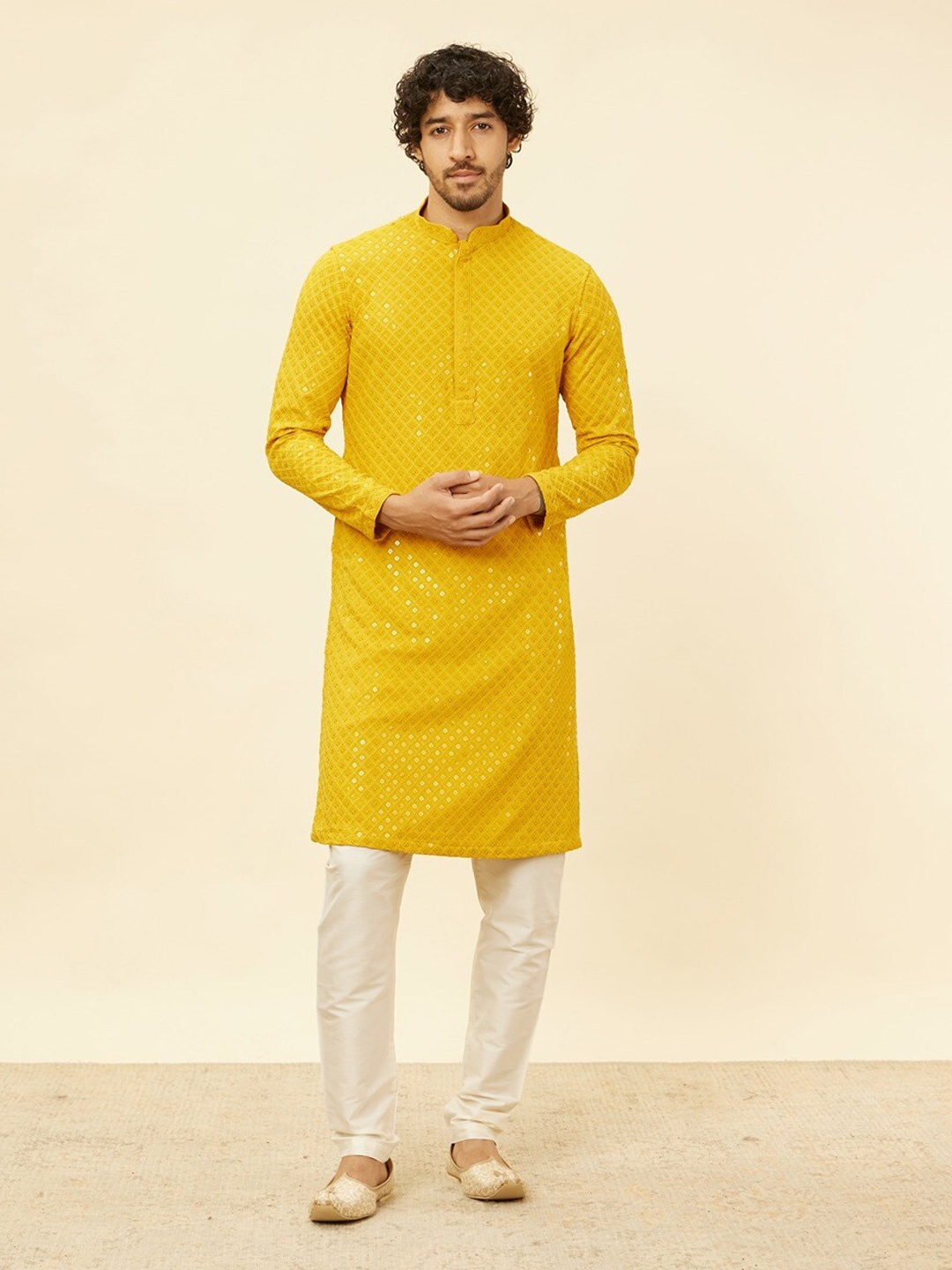 

Manyavar Ethnic Motifs Embroidered Regular Thread Work Kurta with Pyjamas, Mustard