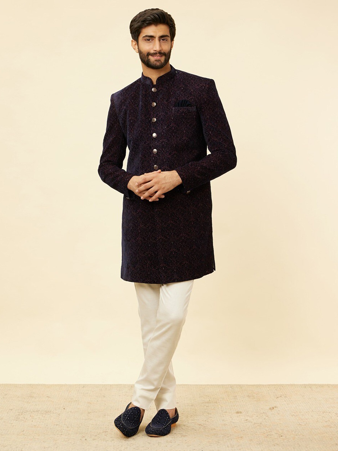 

Manyavar Mandarin Collar Embroidered Sherwani Set, Navy blue